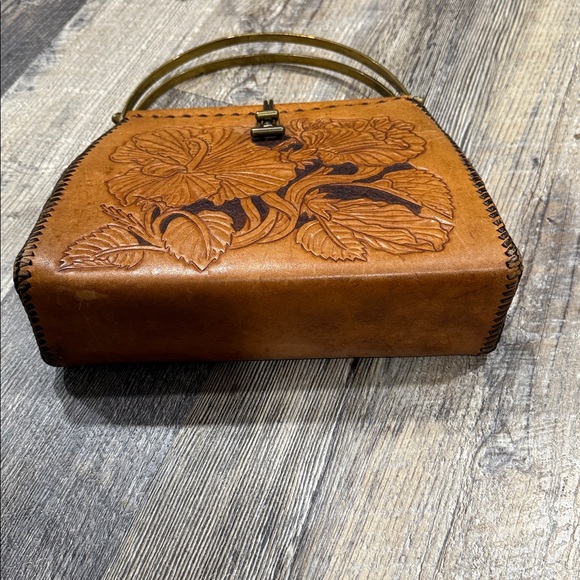 Vintage Elegant Tan Hand Tooled Leather Handbag With Brass Handle